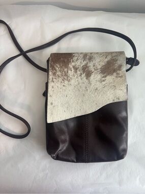 Brown Leather Crossbody with Cream-and-Brown Haircalf Flap three zipper 9x6
